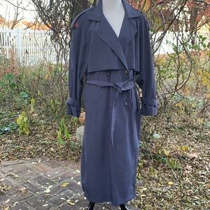 American Bazaar Navy Blue Belted Double Breasted Long Trench Coat size 14